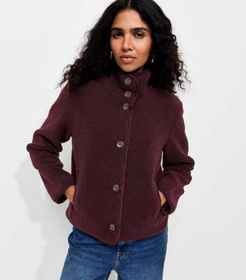 Burgundy Funnel Neck Borg Textured Buttoned Jacket