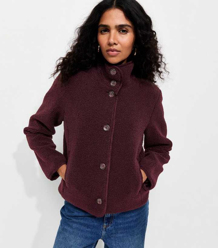 Burgundy Funnel Neck Borg Textured Buttoned Jacket