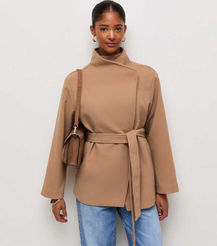 Camel High Neck Belted Short Woven Jacket