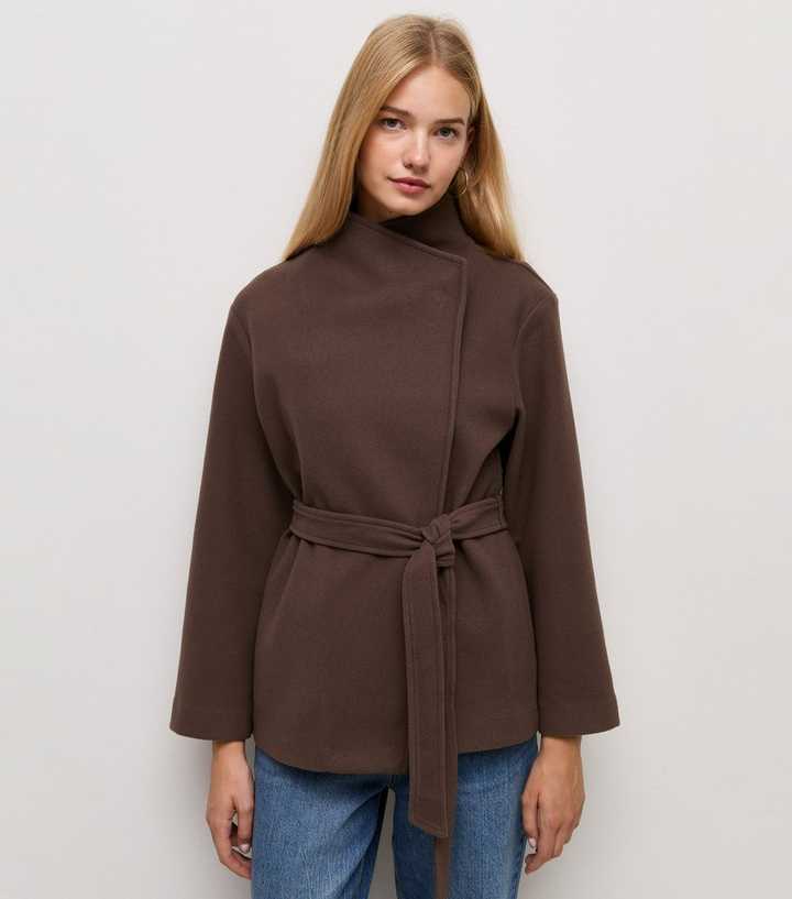 Dark Mink High Neck Belted Short Woven Jacket