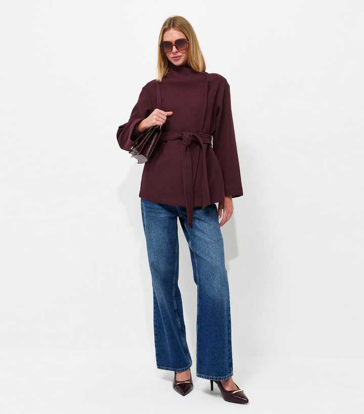 Burgundy High Neck Belted Short Woven Jacket