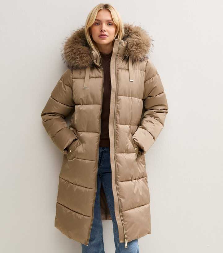 Camel Faux Fur Trim Hooded Puffer Jacket