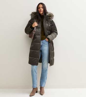 Dark Khaki Faux Fur Trim Hooded Puffer Jacket
