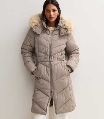 Stone Longline Faux Fur Trimmed Hooded Coat