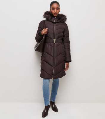 Dark Burgundy Longline Faux Fur Trimmed Hooded Coat