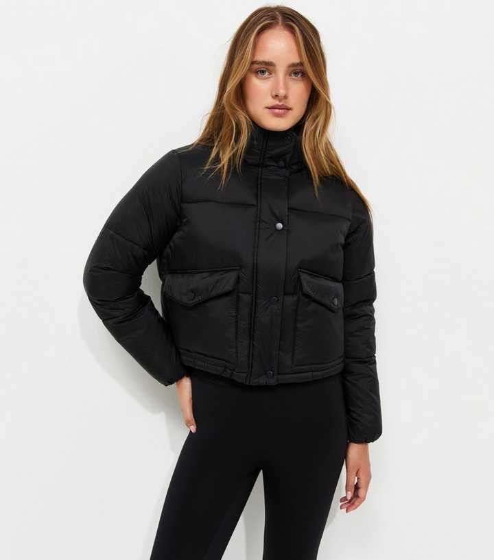 Black Cropped Funnel Neck Puffer Jacket