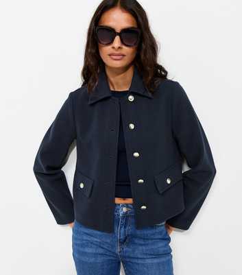 Navy Button Front Collared Shacket