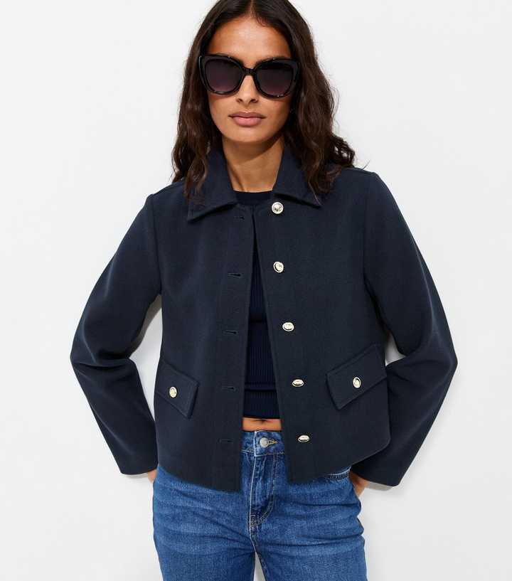 Navy Button Front Collared Shacket