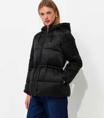 Black Drawstring Waist Quilted Puffer Jacket
