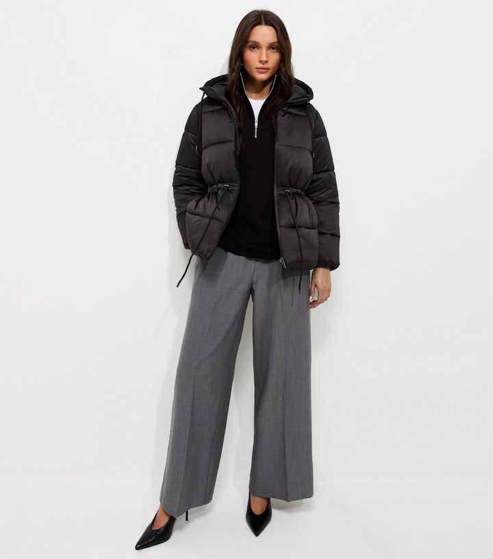 Black Drawstring Waist Quilted Puffer Jacket