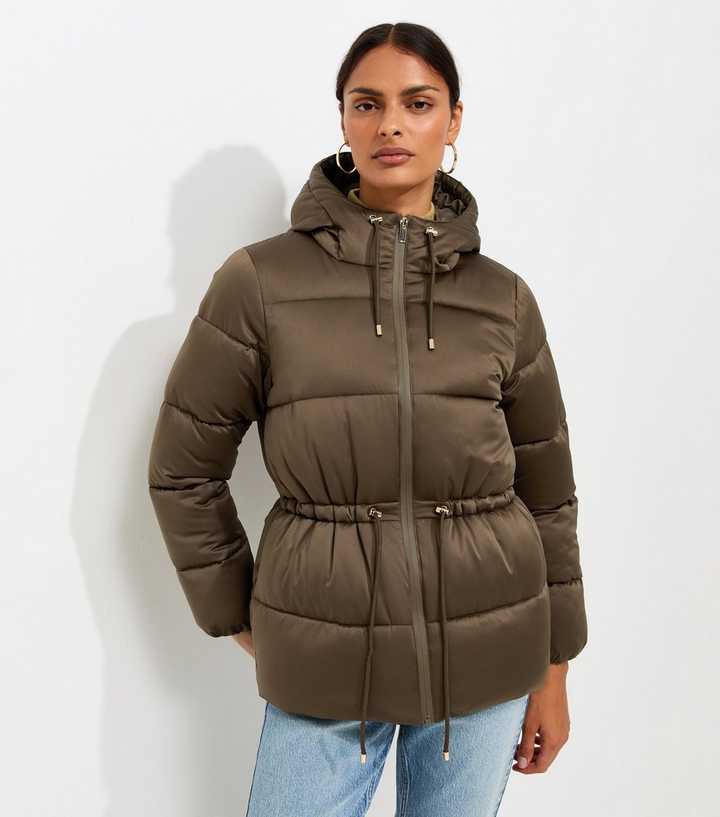 Dark Khaki Drawstring Waist Quilted Puffer Jacket
