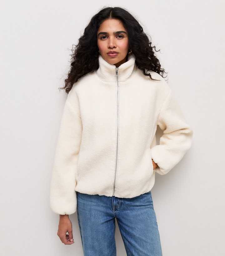 Cream Zip-Front Borg Teddy Jacket