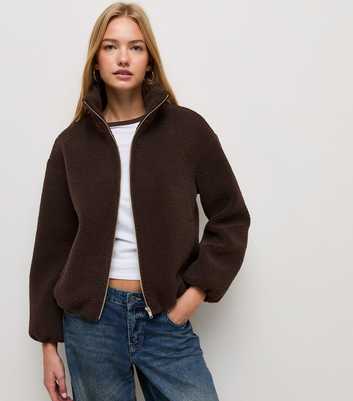 Dark Brown Borg Texture Zip Front Jacket