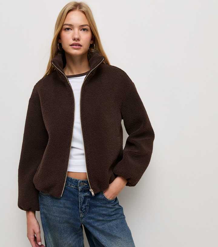 Dark Brown Borg Texture Zip Front Jacket