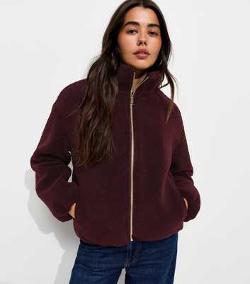 Dark Burgundy Borg Texture Zip Front Jacket