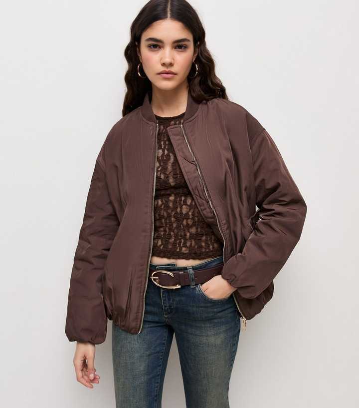 Dark Brown Longline Padded Bomber Jacket