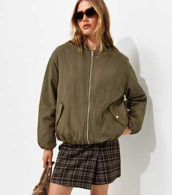 Dark Khaki Longline Padded Bomber Jacket