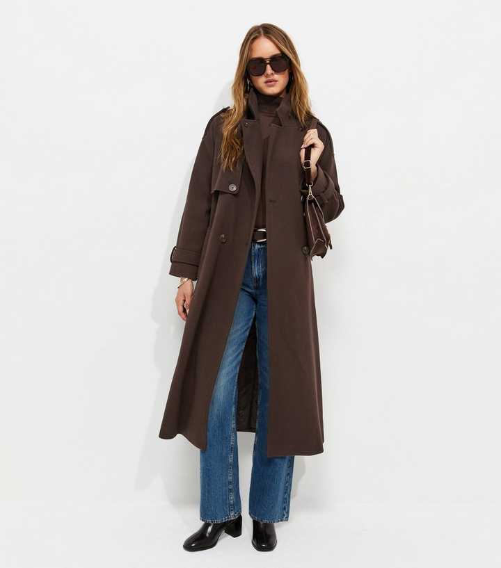 Dark Brown Brushed Double-Breasted Belted Trench Coat