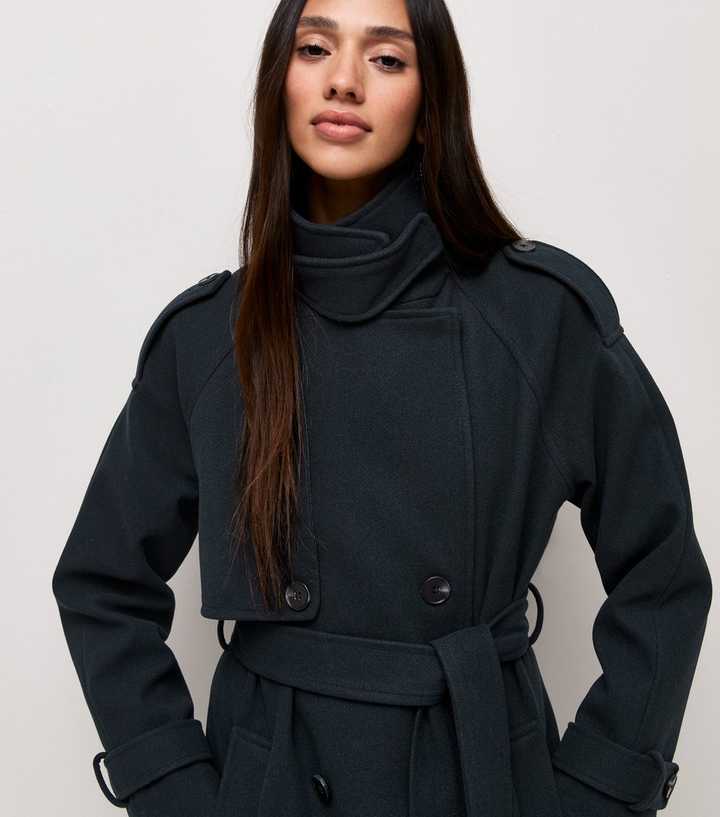 Navy Belted Double Breasted Funnel Neck Coat
