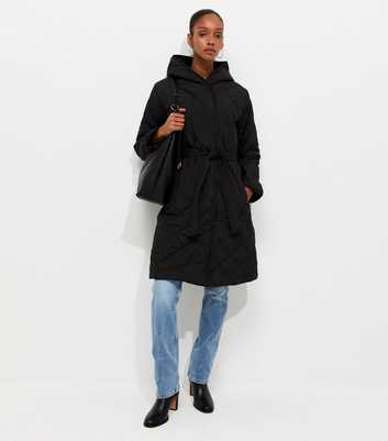 Black Hooded Belted Quilted Jacket