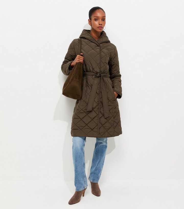 Dark Khaki Hooded Longline Belted Quilted Coat