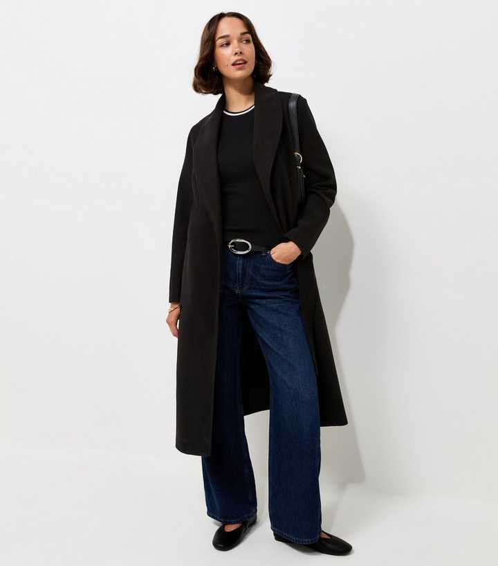 Black Shawl Collar Belted Wrap Coat