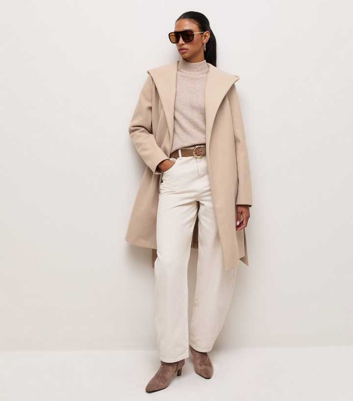 Oatmeal Felt Belted Hooded Wrap Coat