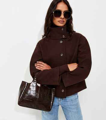 Dark Brown Woven Funnel Neck Jacket