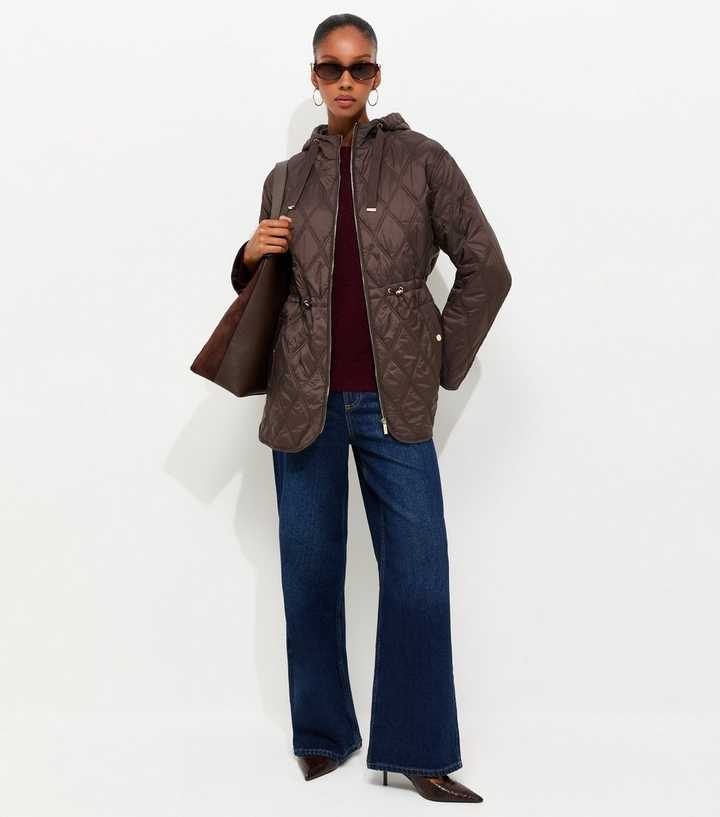Dark Brown Quilted Cinched Waist Hooded Jacket