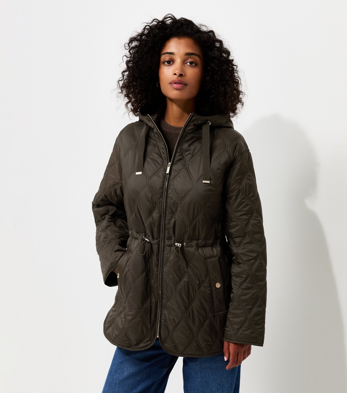 Women's Dark Khaki Quilted Cinched Waist Hooded Jacket New Look