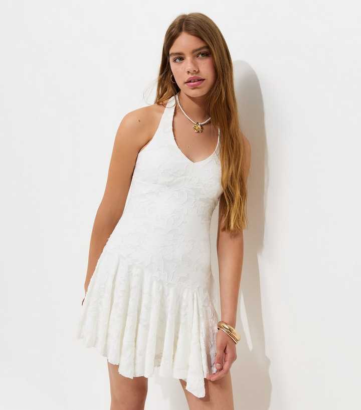 Girls White Jersey Jacquard Halter Neck Mini Dress
