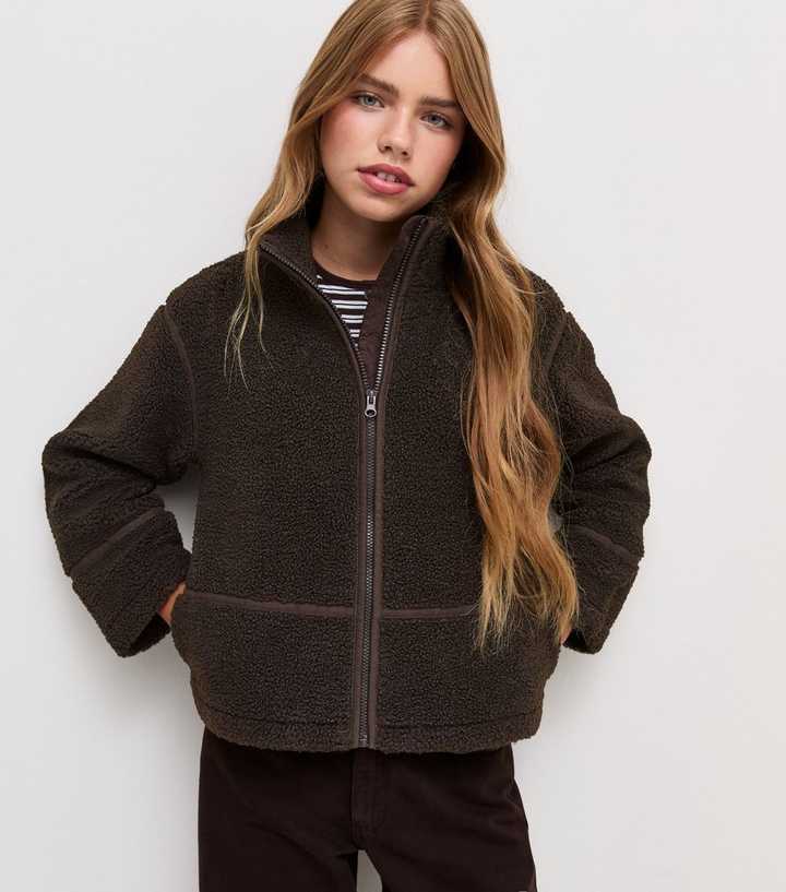 Girls Dark Brown Oversized Borg Texture Jacket