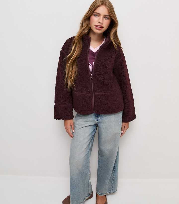 Girls Dark Burgundy Oversized Borg Texture Jacket