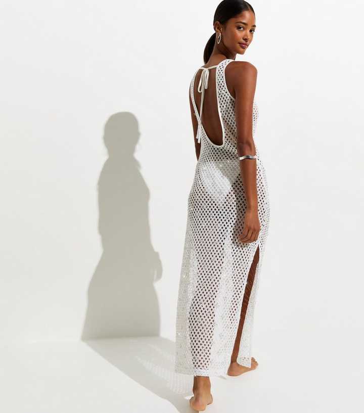 White Three Dimensional Open Knit Sequin Beach Maxi Dress