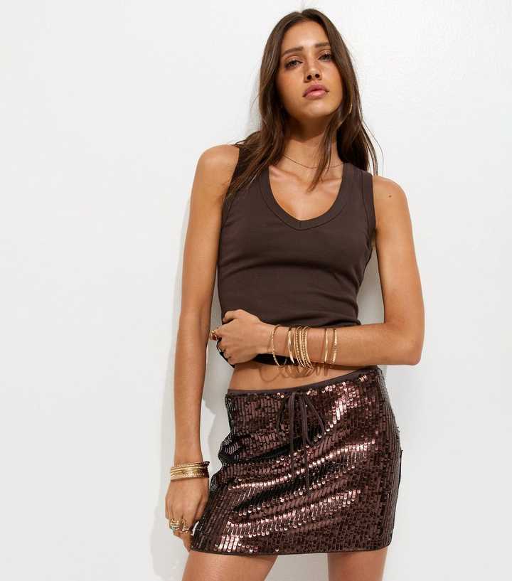 Premium Dark Brown All Over Sequin Beach Mini Skirt