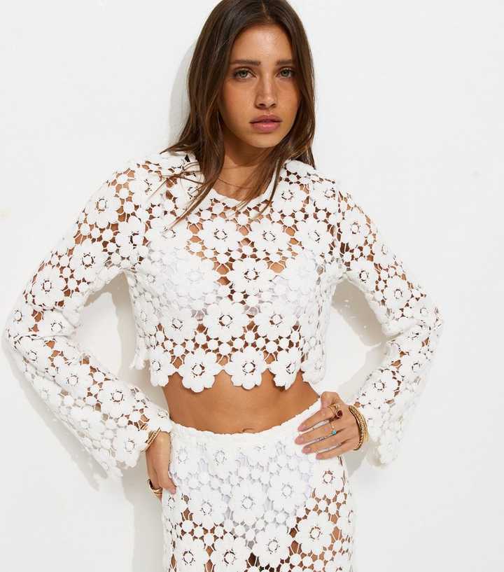 Premium White Cotton Floral Crochet Look Long Sleeve Beach Top