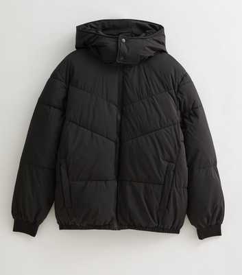 Black Hooded Funnel Neck Puffer Jacket