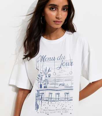 White Cotton Menu du Jour Print Oversized T-Shirt