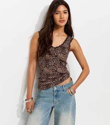 Brown Cotton Rich Leopard Print Lace Trim Vest