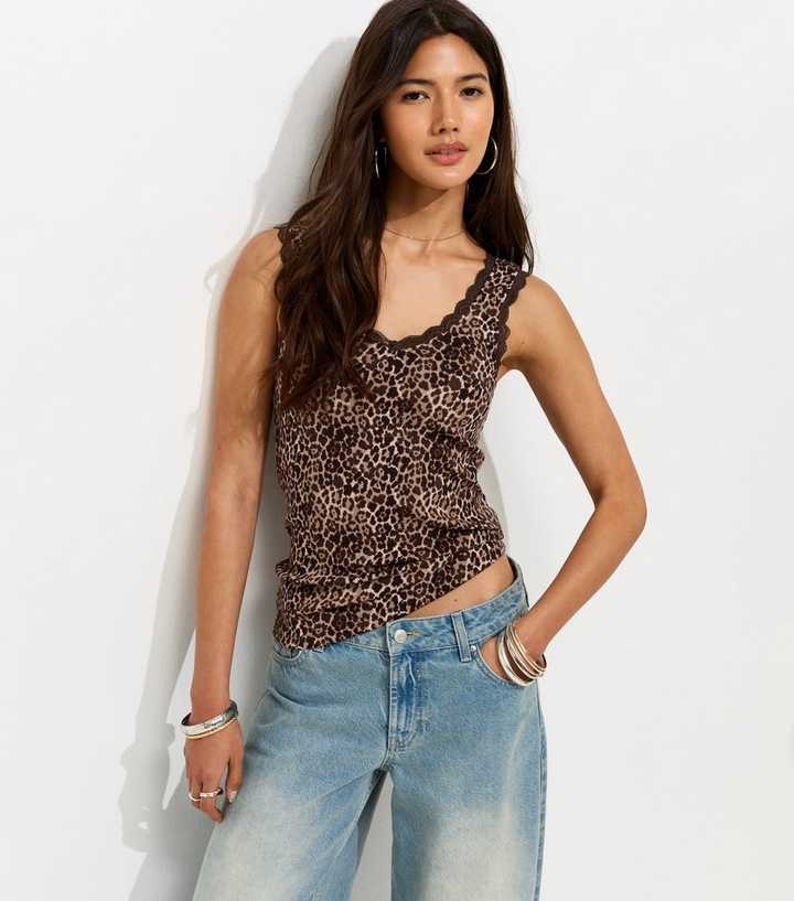 Brown Cotton Rich Leopard Print Lace Trim Vest