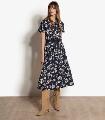 Apricot Navy Textured Leaf Print Midi Dress