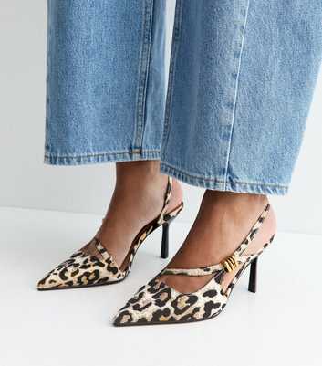 Stone Leopard Print Asymmetric Strap Metal Detail Slingback Court Shoes