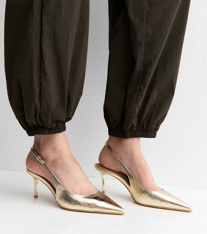 Gold Faux Leather Pointed Toe Slingback Pumps