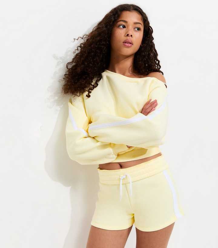 Girls Light Yellow Side Stripe Drawstring Shorts