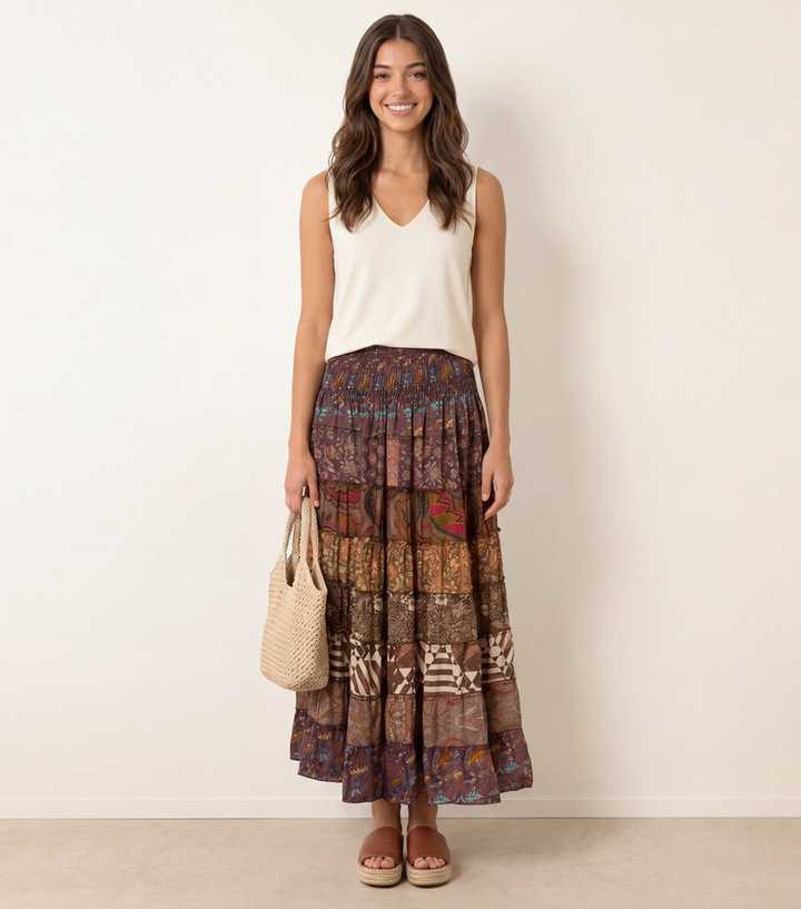 Blue Vanilla Dark Brown Floral Paisley Tiered Midi Skirt