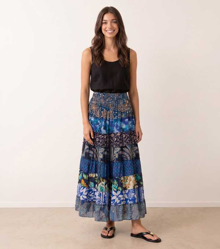 Blue Vanilla Blue Floral Paisley Tiered Midi Skirt