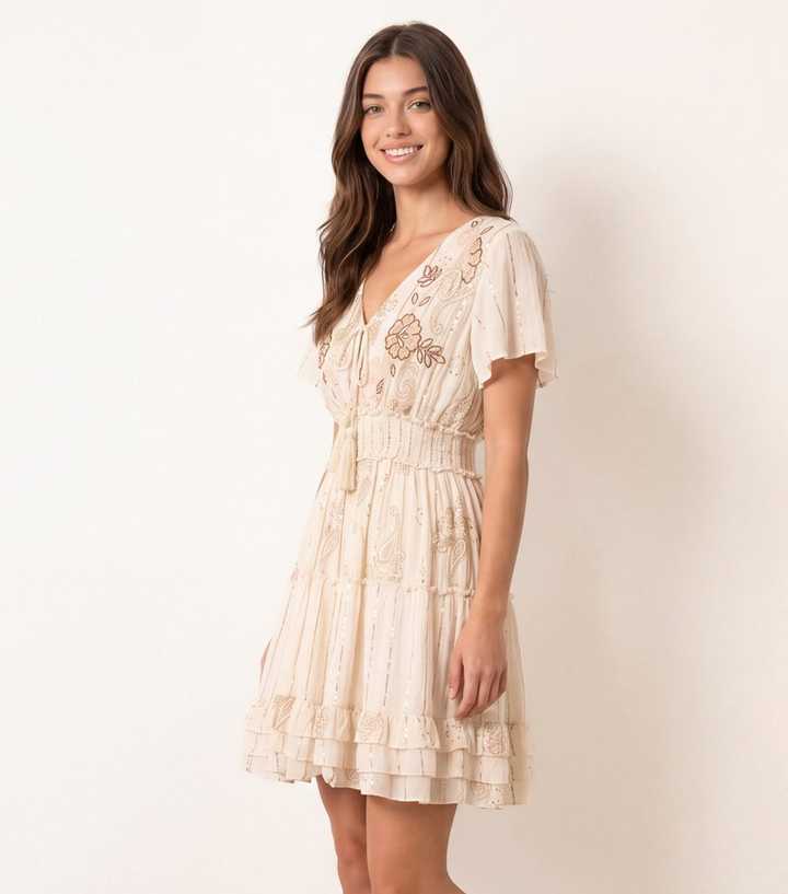 Blue Vanilla Oatmeal Beaded Flower Tiered Mini Dress