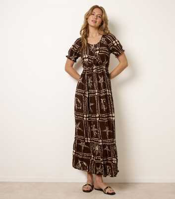 Blue Vanilla Dark Brown Starfish Print Tie Front Maxi Dress