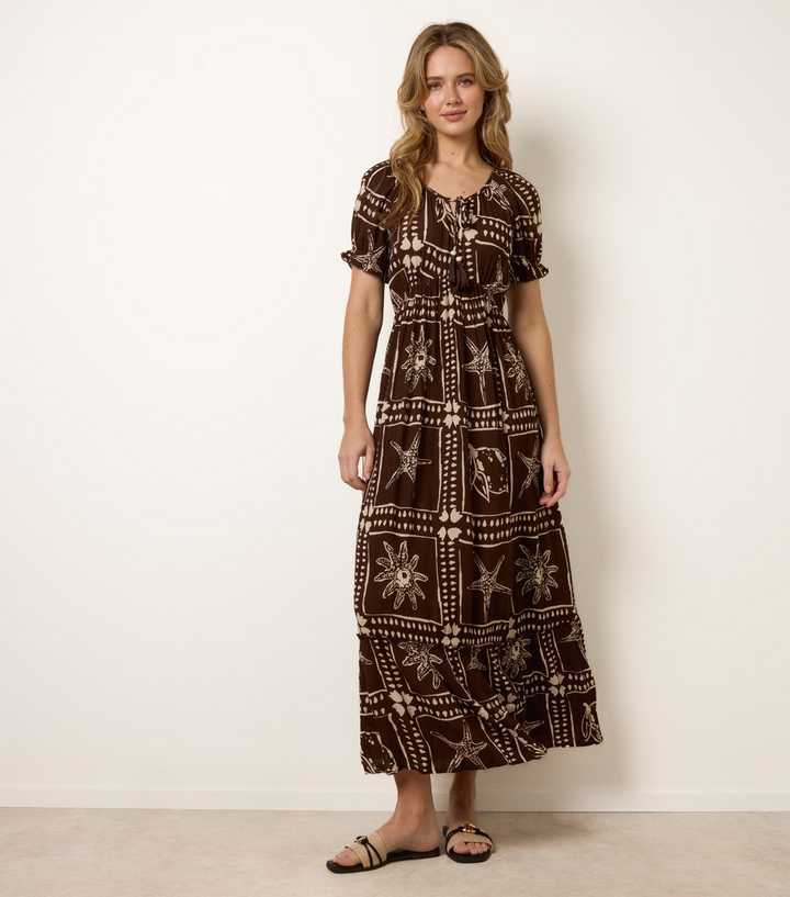 Blue Vanilla Dark Brown Starfish Print Tie Front Maxi Dress | New Look