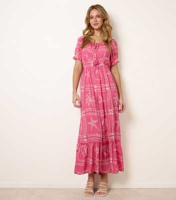 Blue Vanilla Light Pink Starfish Print Tie Front Maxi Dress